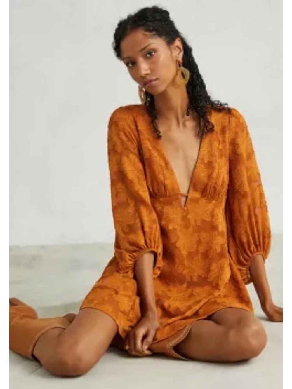 By Anthropologie Jacquard Plunge Mini Dress in Rust Burnt Orange